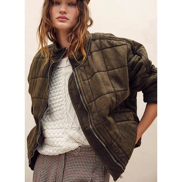 Free People Oversized Quilted Military Green Knit Zip Up Jacket Size M - Picture 9 of 9